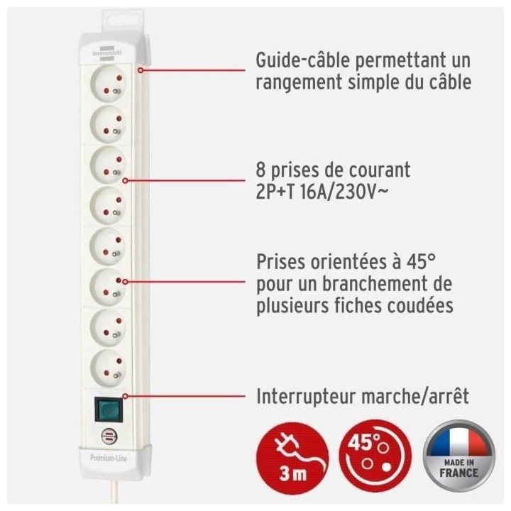 Brennenstuhl Multiprise Premium-Plus Blanche, 8 prises, avec 3m de câ