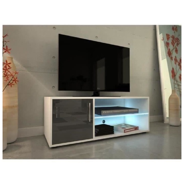 KORA Meuble TV contemporain avec éclairage LED laqué gris - L 100 cm