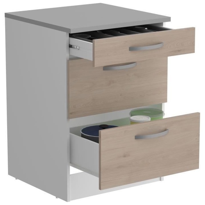 OSLO Meuble Bas 3 tiroirs + plan - Décor Chene Jackson - L 60 x P 60