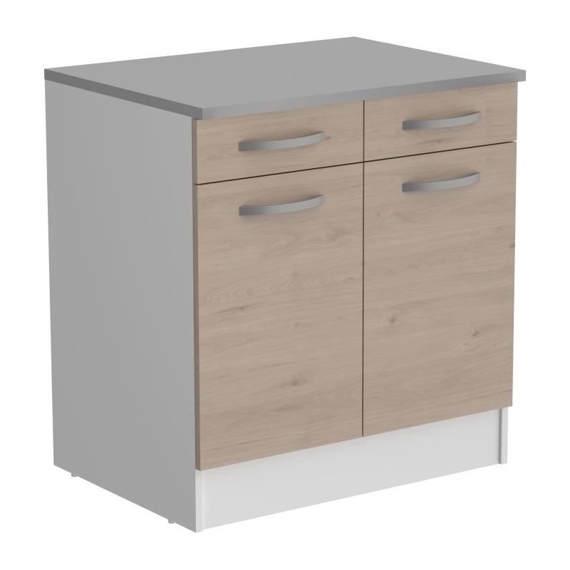 OSLO Meuble Bas 2 portes 2 tiroirs + plan - Décor Chene Jackson - L 80 x P 60 x H 86 cm