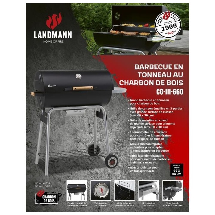 Barbecue a charbon LANDMANN - Black Taurus 660 - Grille en acier émai