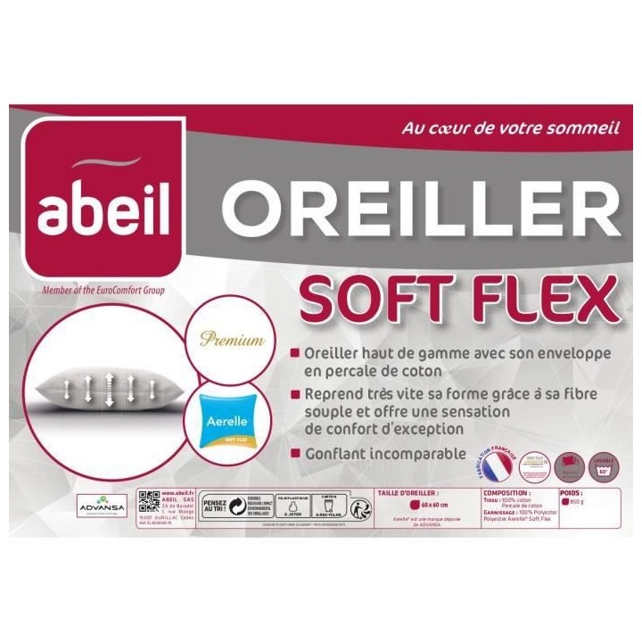 ABEIL Oreiller Aerelle Soft Flex - 60 x 60 cm - Blanc