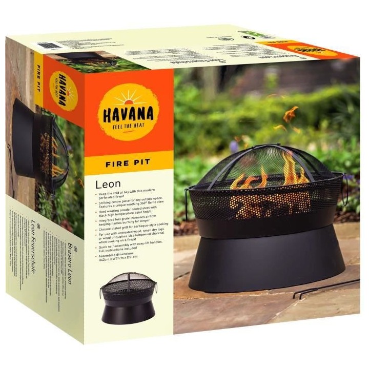 Brasero Leon en acier - Finition noire - Grille chromée - H42 x L51 x