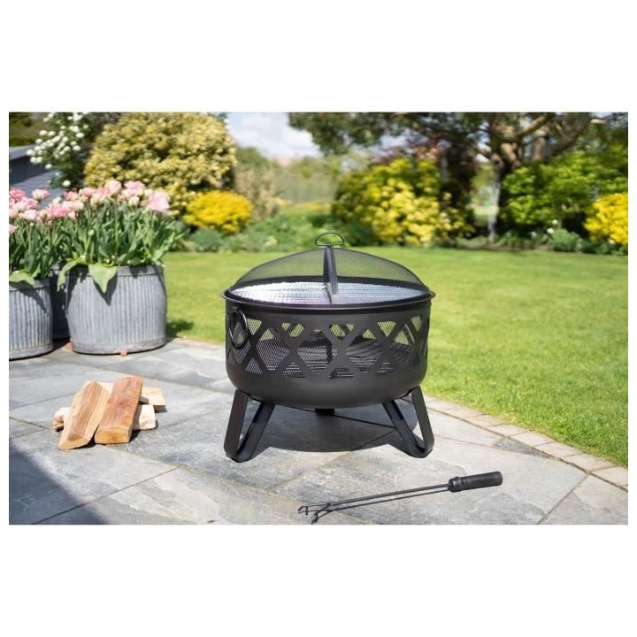 Brasero Dana Deepbowl en acier - 3 pieds - Grille chromée - H58 x L61