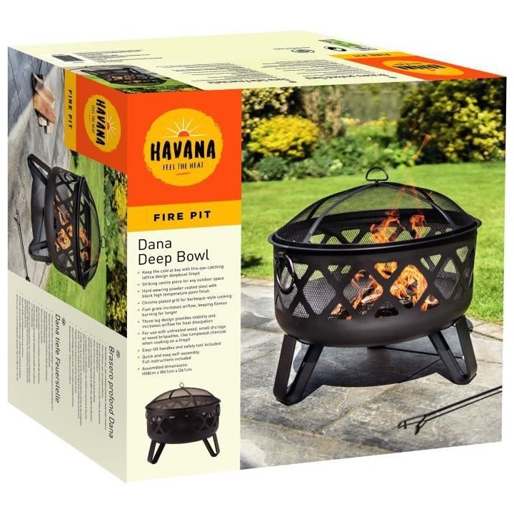 Brasero Dana Deepbowl en acier - 3 pieds - Grille chromée - H58 x L61