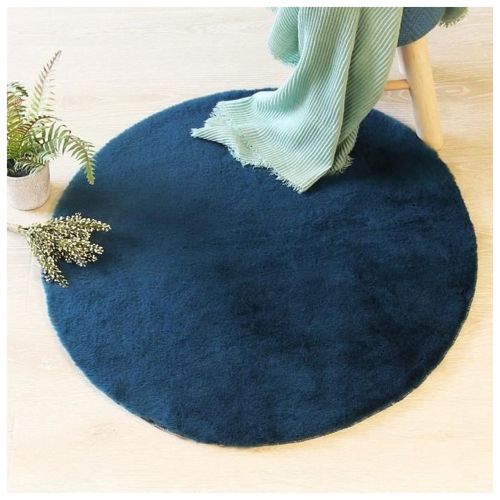Tapis doux effet fourrure - Bleu canard - D 80 cm