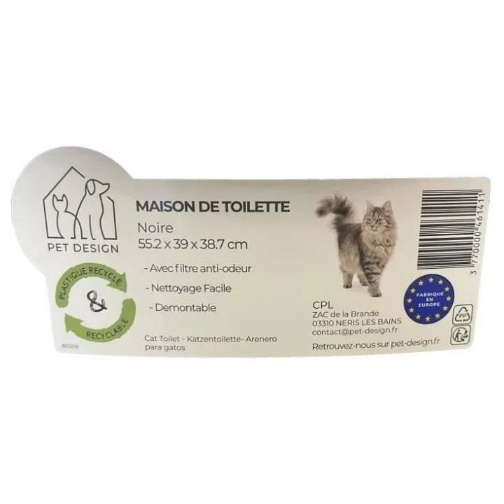PET DESIGN Sacha Maison de toilette - 56 x 40 x 39 cm - Noir et blanc