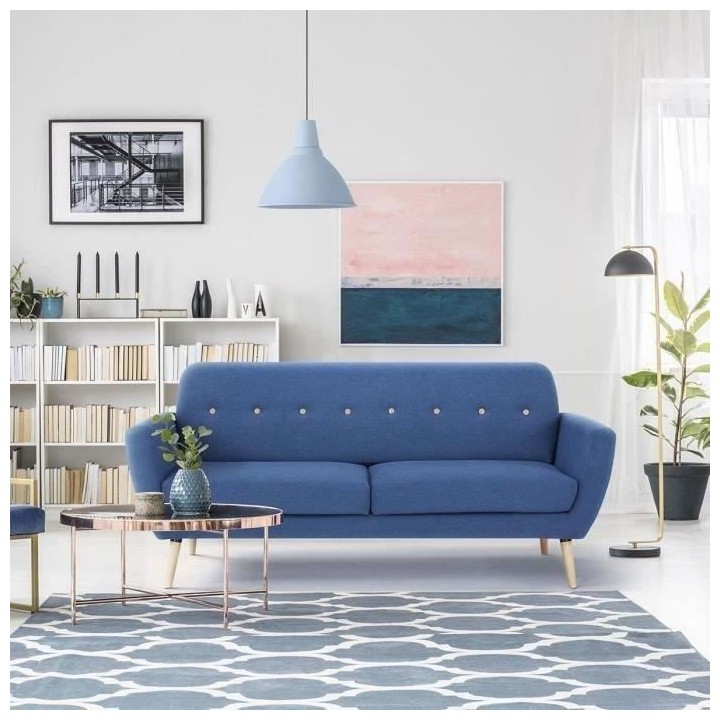 Canapé 3 places LILLY -Tissu Bleu - L 193 x P 79 x H 86 cm