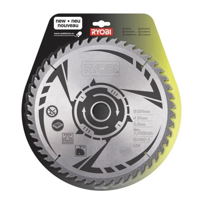 RYOBI Lame carbure 48 dents diametre 254mm alésage 30mm