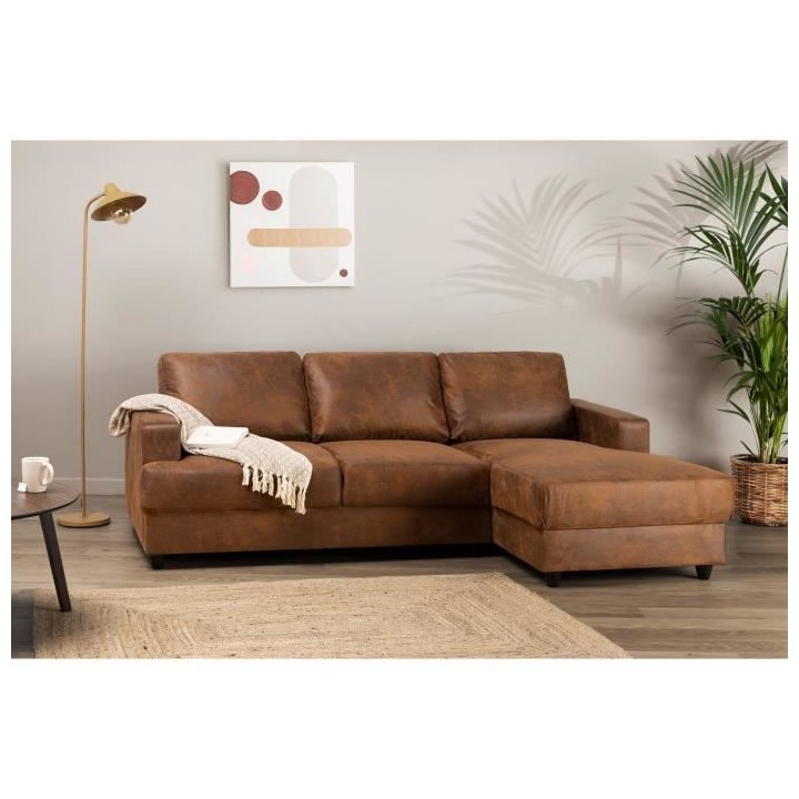 Canapé d'angle droit 4 places - Tissu marron vintage - Contemporain -
