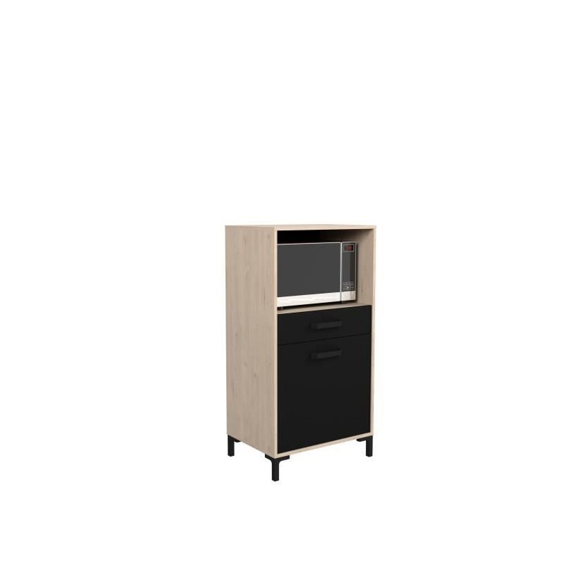 FACTORY Demi colonne 60 cm - 1 porte et 1 tiroir - L 60 x P 43 x H 118 cm - Chene et noir - EKIPA