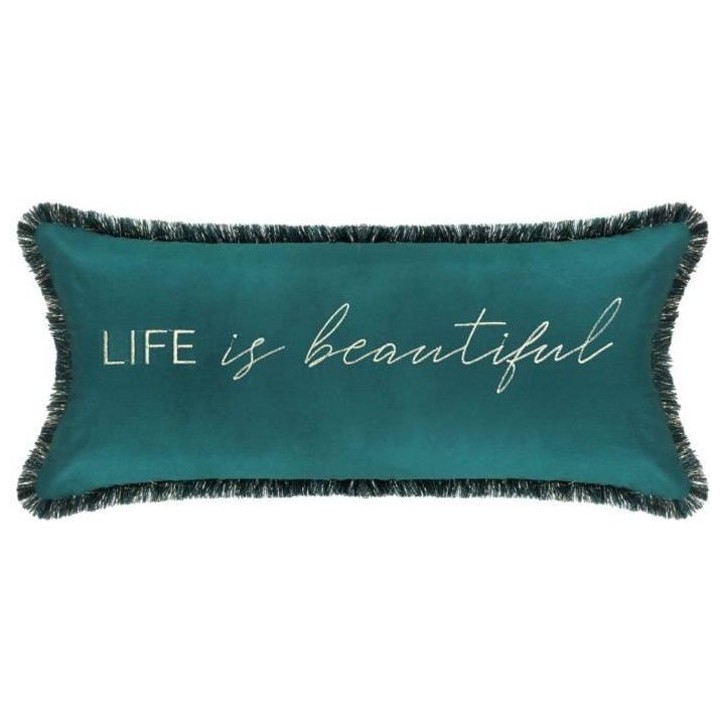 Coussin Velours brodé Feel Polyester - 25x58 cm - Bleu Canard