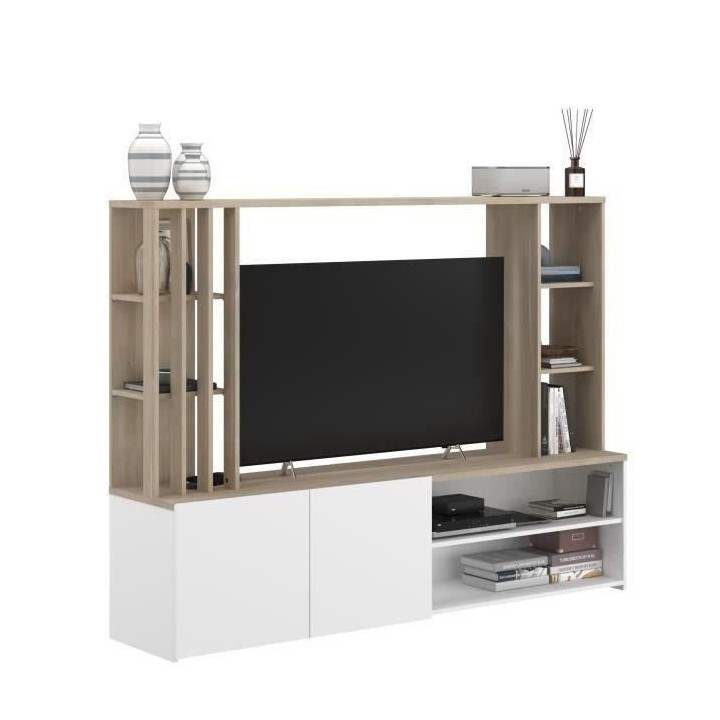 Meuble TV mural complet AUSTRAL - Papier décor chene du Japon et blan