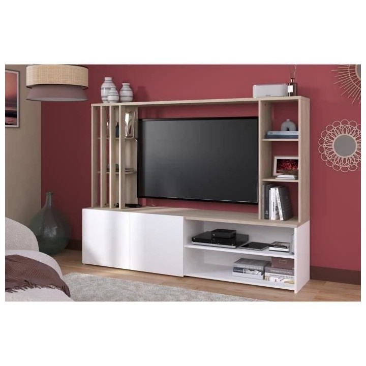 Meuble TV mural complet AUSTRAL - Papier décor chene du Japon et blan