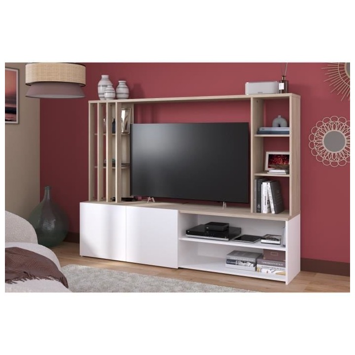 Meuble TV mural complet AUSTRAL - Papier décor chene du Japon et blan