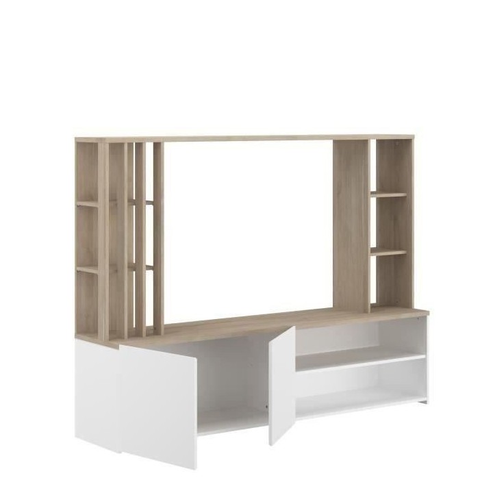 Meuble TV mural complet AUSTRAL - Papier décor chene du Japon et blan