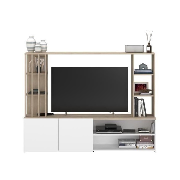 Meuble TV mural complet AUSTRAL - Papier décor chene du Japon et blan