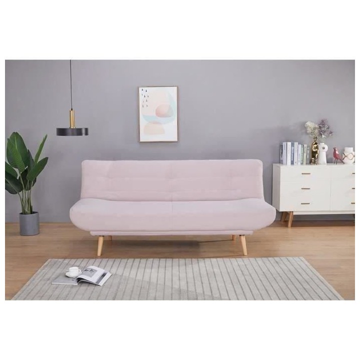 Clic-clac 2 places - Tissu rose - Pieds en bois - L 188 x P 86 x 88 cm