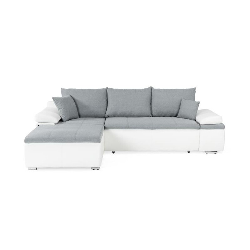 Canapé d'angle réversible convertible 3 places+Coffre - Simili blanc et tissu gris - CELINA - L 274 x P 184 cm - Fabriqué en