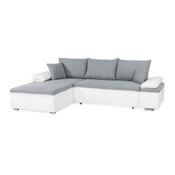 Canapé d'angle réversible convertible 3 places+Coffre - Simili blanc et tissu gris - CELINA - L 274 x P 184 cm - Fabriqué en