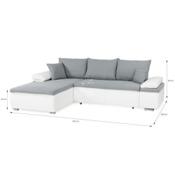 Canapé d'angle réversible convertible 3 places+Coffre - Simili blanc et tissu gris - CELINA - L 274 x P 184 cm - Fabriqué en