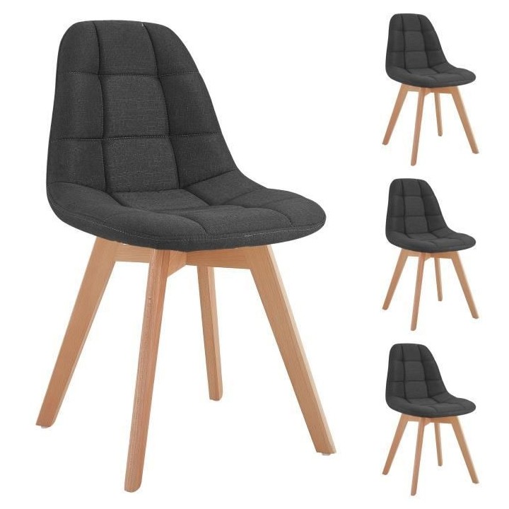 ANYA Lot de 4 chaises - Tissu gris - Pied bois hetre massif naturel -