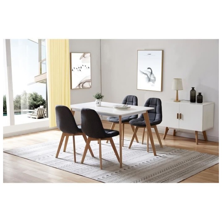 ANYA Lot de 4 chaises - Tissu gris - Pied bois hetre massif naturel -