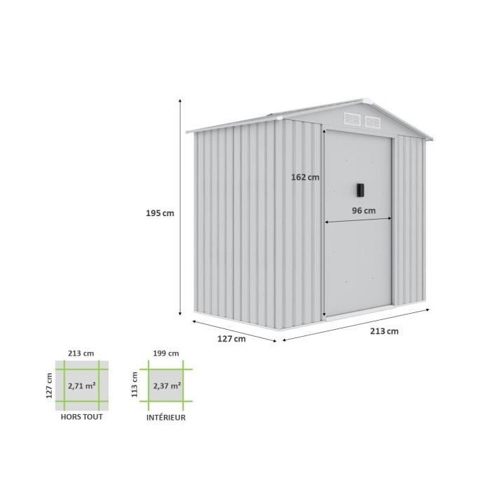 Abri de jardin en métal 2,71 m² - 213 x 127 x 195 cm - Kit d'ancrage