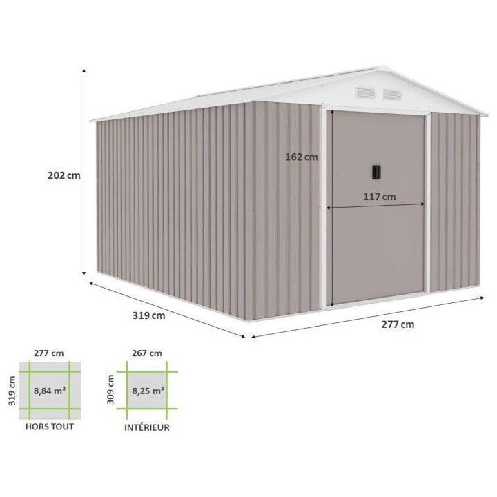 Abri de jardin en métal 8,84 m² - 277 x 319 x 202 cm - Kit d'ancrage
