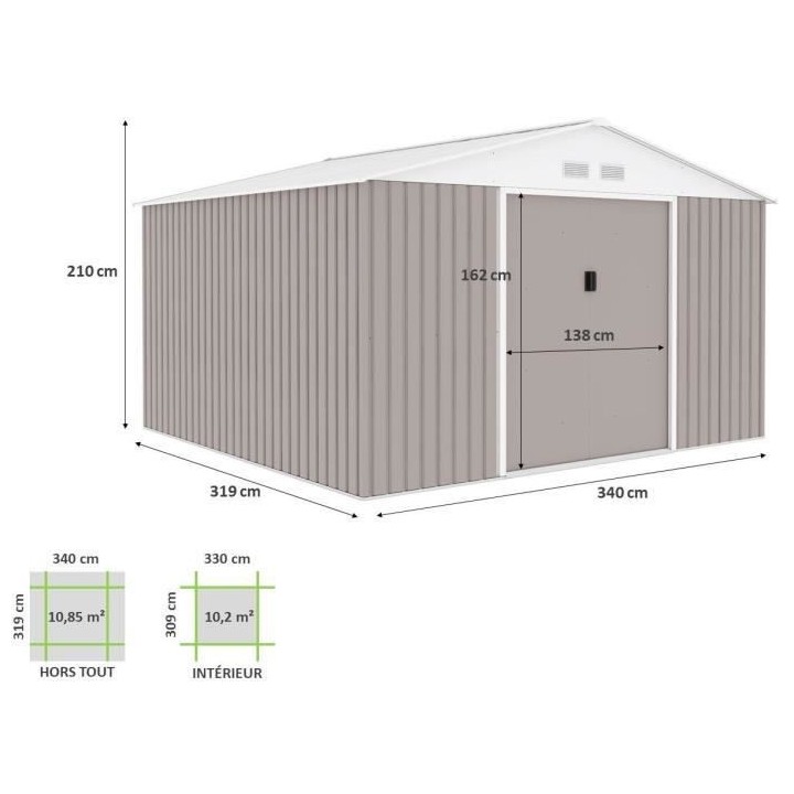 Abri de jardin en métal 10,85 m² - 340 x 319 x 210 cm - Kit d'ancrag