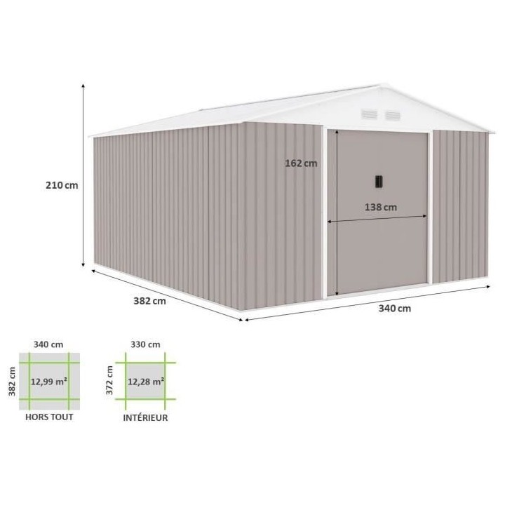 Abri de jardin en métal 12,99 m² - 340 x 382 x 210 cm - Kit d'ancrag