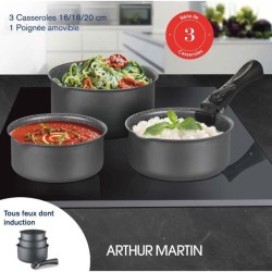 Batterie de cuisine ARTHUR MARTIN AM777GM Set de 3 casseroles - Gris Mat 16-18-20 cm + 1 poignée amovible - Tous feux dont indu