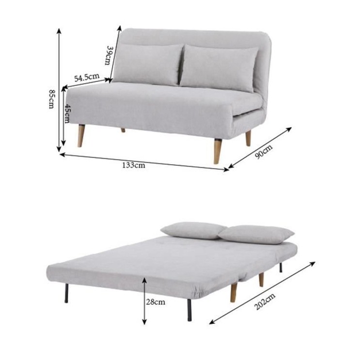 Banquette convertible 2 places - velours gris clair - Style scandinave