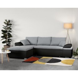 Canapé d'angle réversible convertible 3 places+Coffre - Simili noir et tissu gris - L 274 x P 184 cm - CELINA - Fabriqué en U