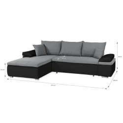 Canapé d'angle réversible convertible 3 places+Coffre - Simili noir et tissu gris - L 274 x P 184 cm - CELINA - Fabriqué en U