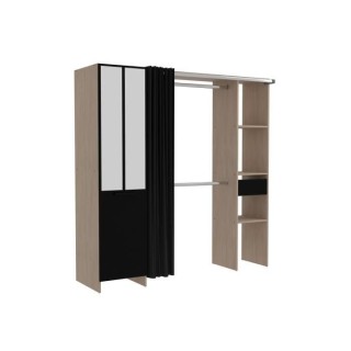 EKIPA Kit dressing avec rideau - Décor Chene et noir - 1 porte et 1 t