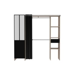 EKIPA Kit dressing avec rideau - Décor Chene et noir - 1 porte et 1 tiroir - L 181 X P 50 X H 180 cm – ATELIER