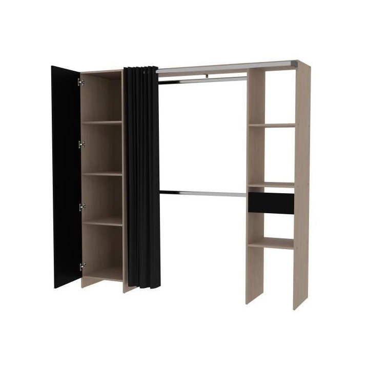 EKIPA Kit dressing avec rideau - Décor Chene et noir - 1 porte et 1 t