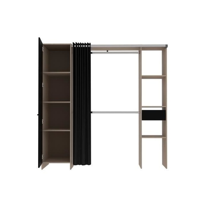 EKIPA Kit dressing avec rideau - Décor Chene et noir - 1 porte et 1 t