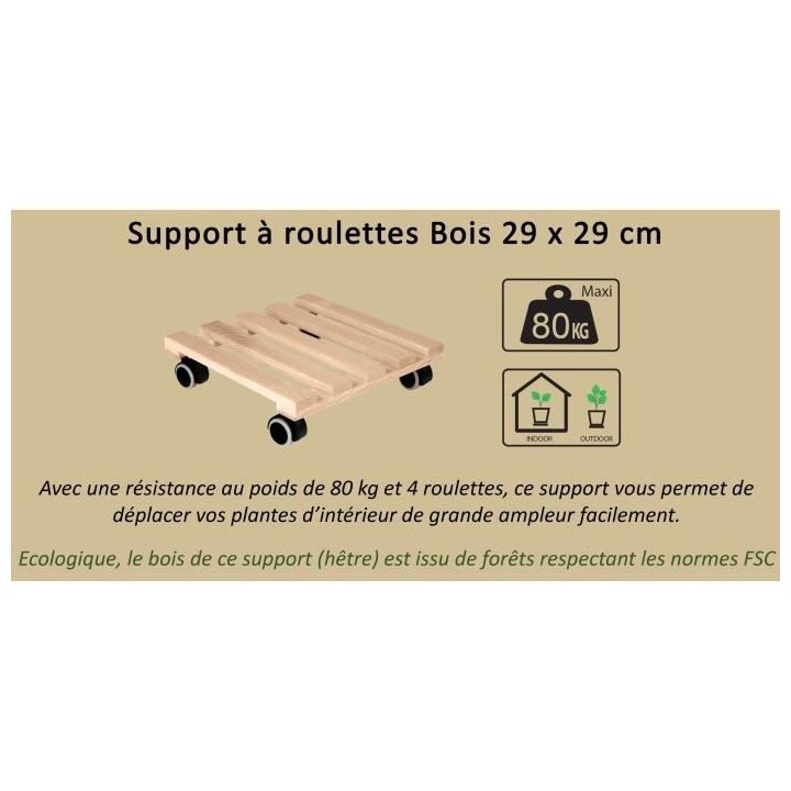 EDA Support a roulettes carré 29 x 29 cm en Bois - 4 roulettes - 29 x