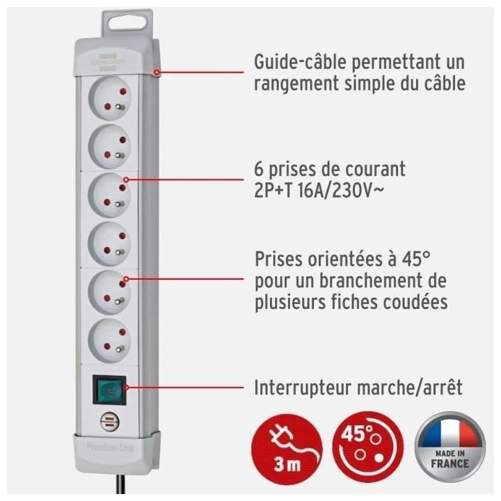 Brennenstuhl Premium Plus Bloc Multiprise Gris 6 Prises 3m avec Interr