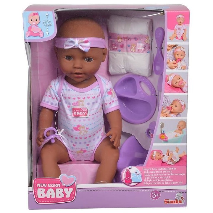 Simba - New Born Baby - Poupon Violet Boit Fait Pipi - 43cm - Nombreux