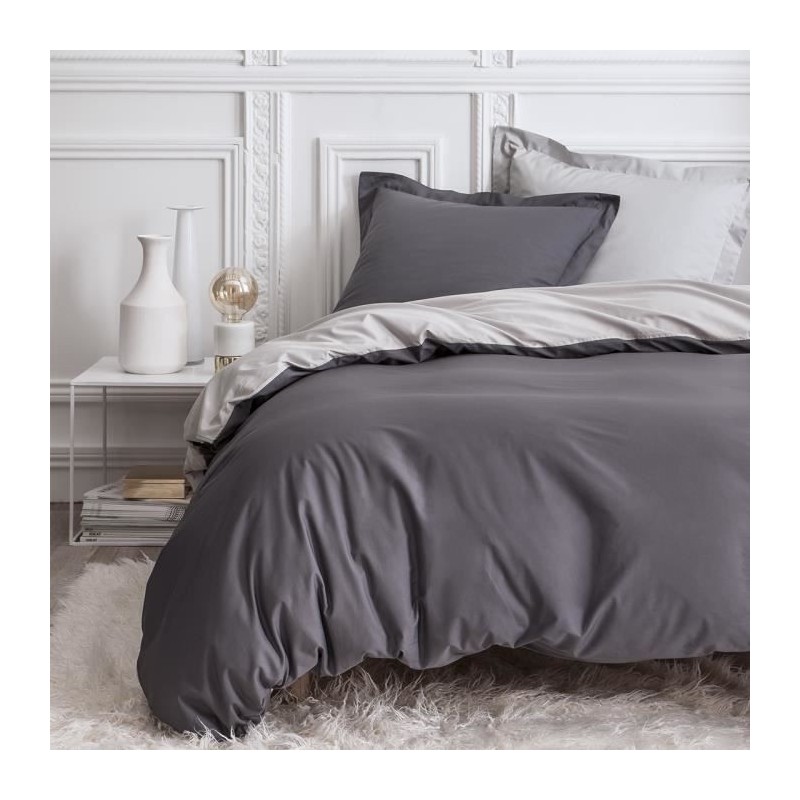 TODAY PREMIUM Parure de couette percale bicolore - 1 housse de couette 220x240cm canon de fusil et zinc TODAY