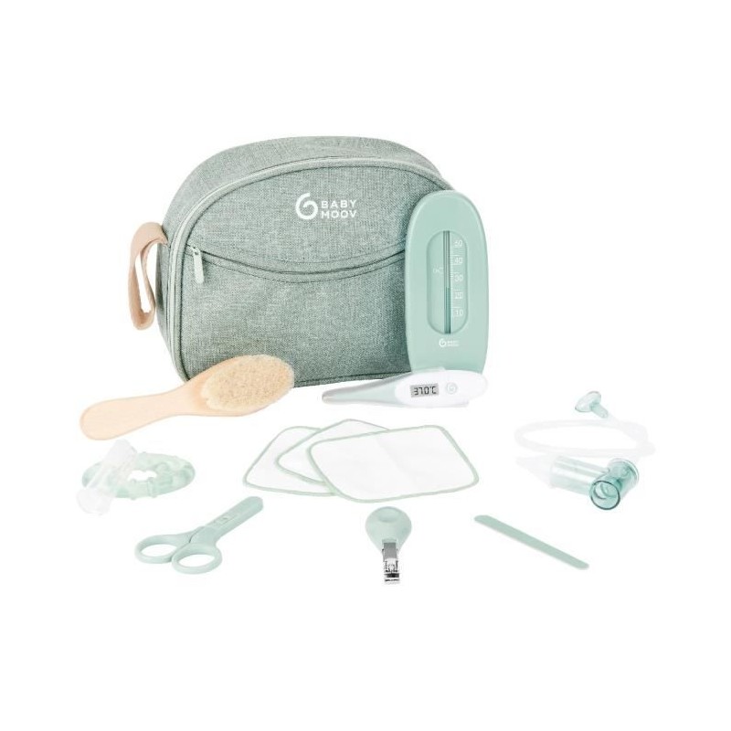 Babymoov Trousse de Soin Bébé - Des la naissance - En Tissu Recyclé Certifié GRS -10 Accessoires, Matcha