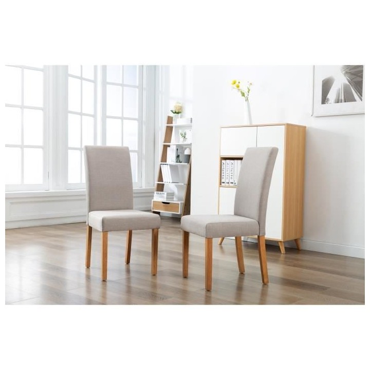 ELYNA Lot de 2 chaises de salle a manger - Tissu lin - Pied bois natur
