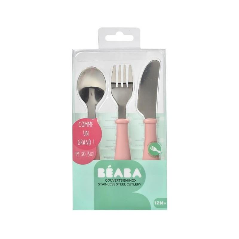 BEABA, Set de 3 couverts inox old pink