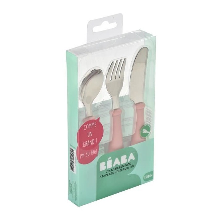 BEABA, Set de 3 couverts inox old pink