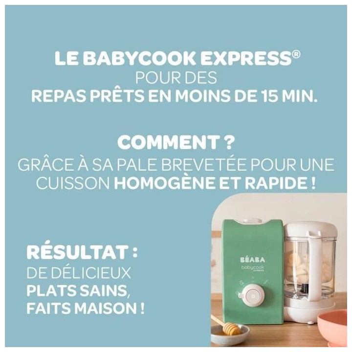 BEABA, Babycook express, robot bébé, 4 en 1 mixeur-cuiseur, vert sau