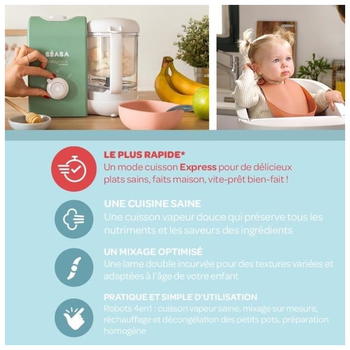BEABA, Babycook express, robot bébé, 4 en 1 mixeur-cuiseur, vert sau
