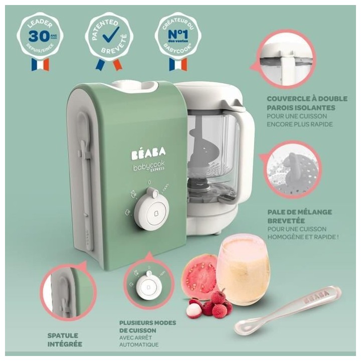 BEABA, Babycook express, robot bébé, 4 en 1 mixeur-cuiseur, vert sau